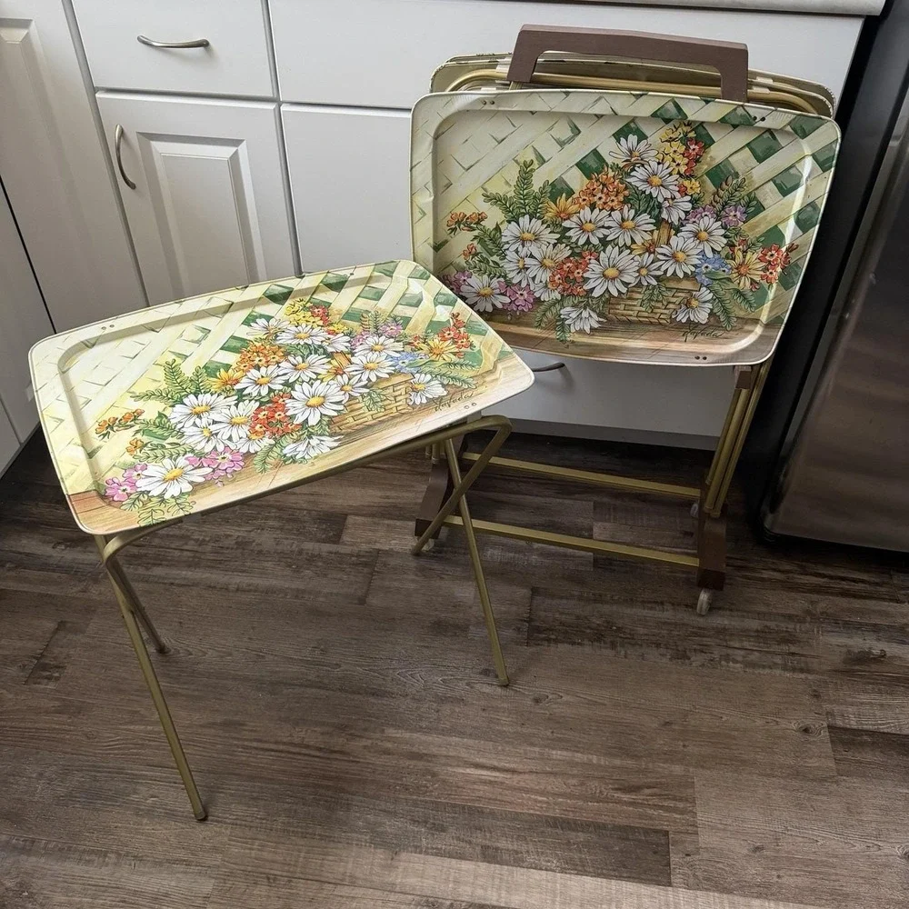 Mcm Metal Floral Tv Tray Set Of 4 With Rolling Cart Stand Cottagecore Garden VTG